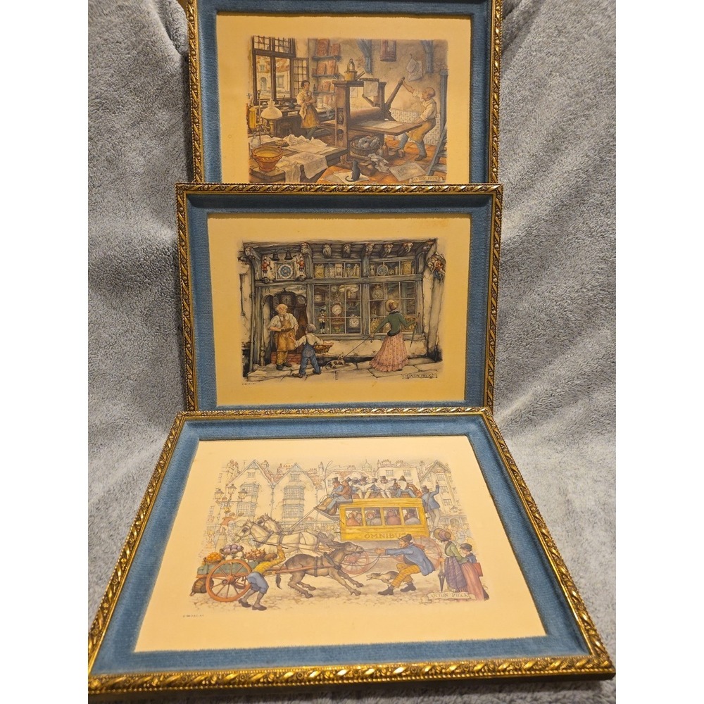 Anton Pieck Framed‎ Print Lot Of 3 Gold Tone And Powder Blue Frames 12.5x10"